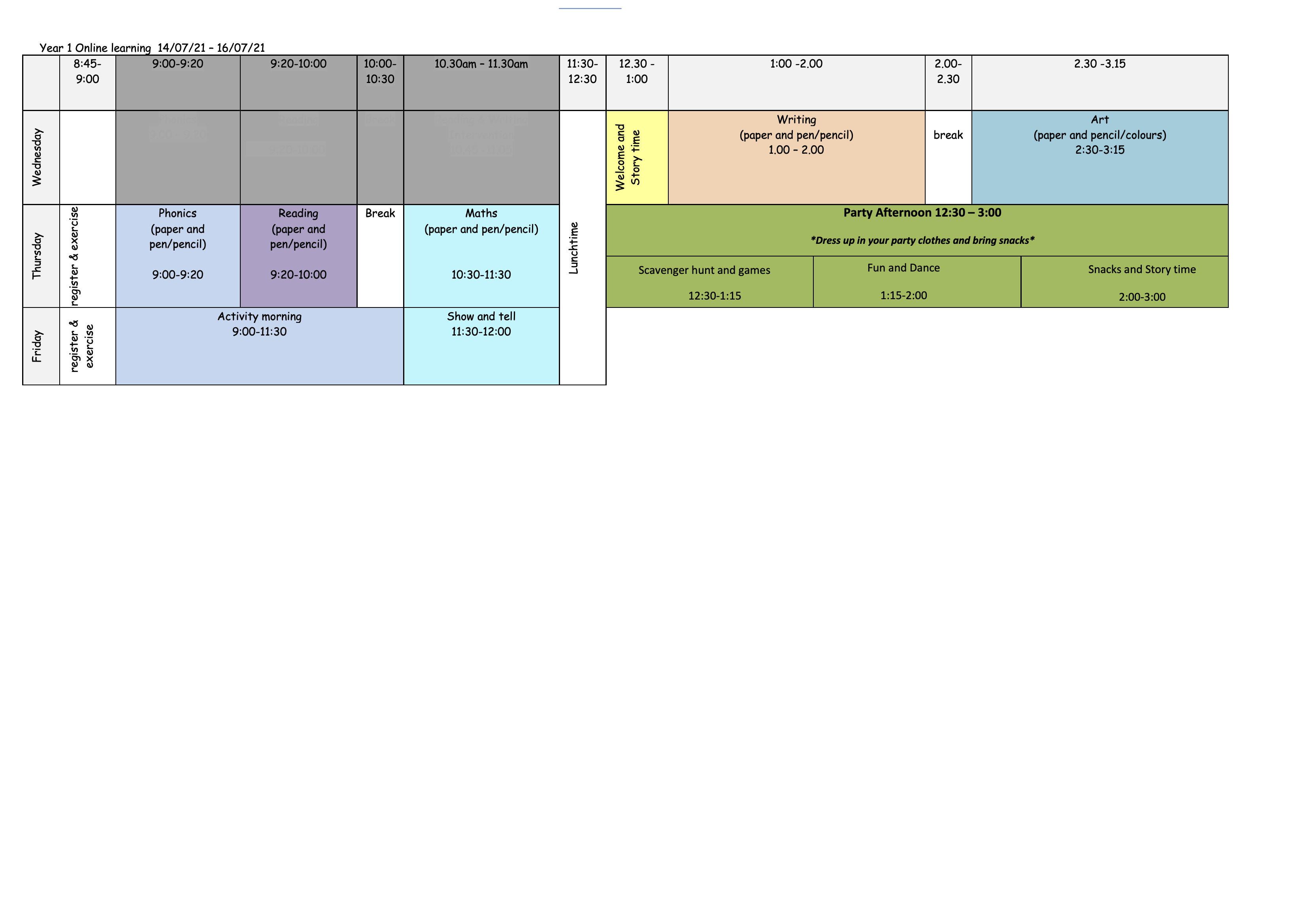 Year 1 Timetable for Online Learning