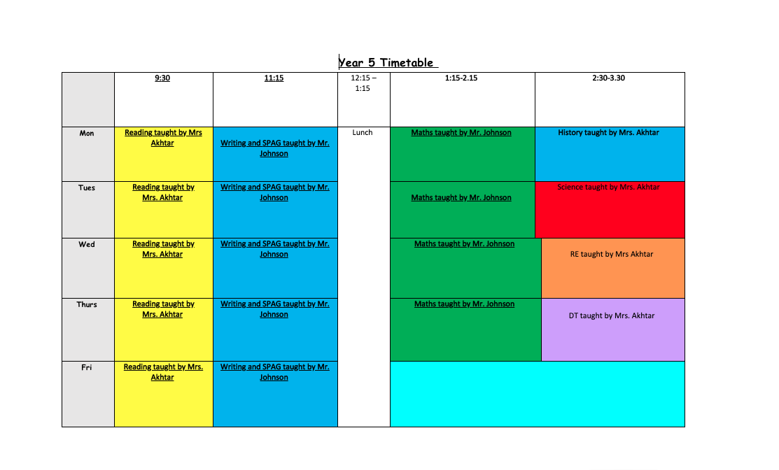 Y5 Home Learning Timetable