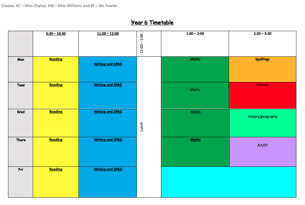 Year 6 Timetable