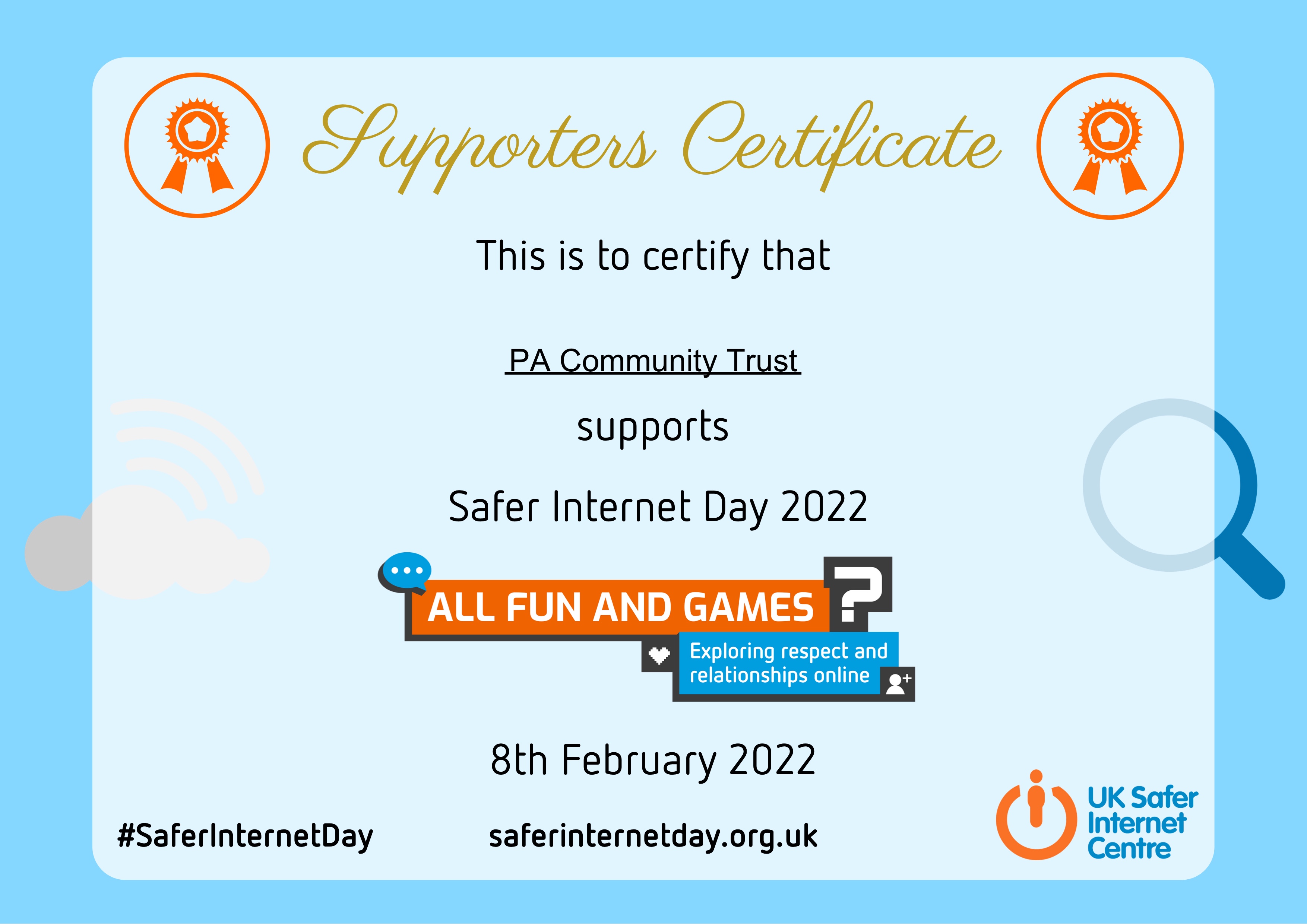 Certificate for Safer Internet Day 22